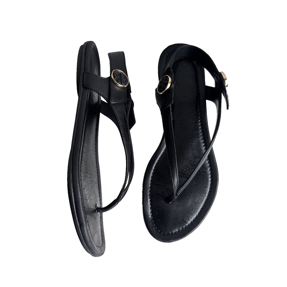 Tory Burch Minnie Travel Thong Sandals Black Leather Size 7.5 M Logo